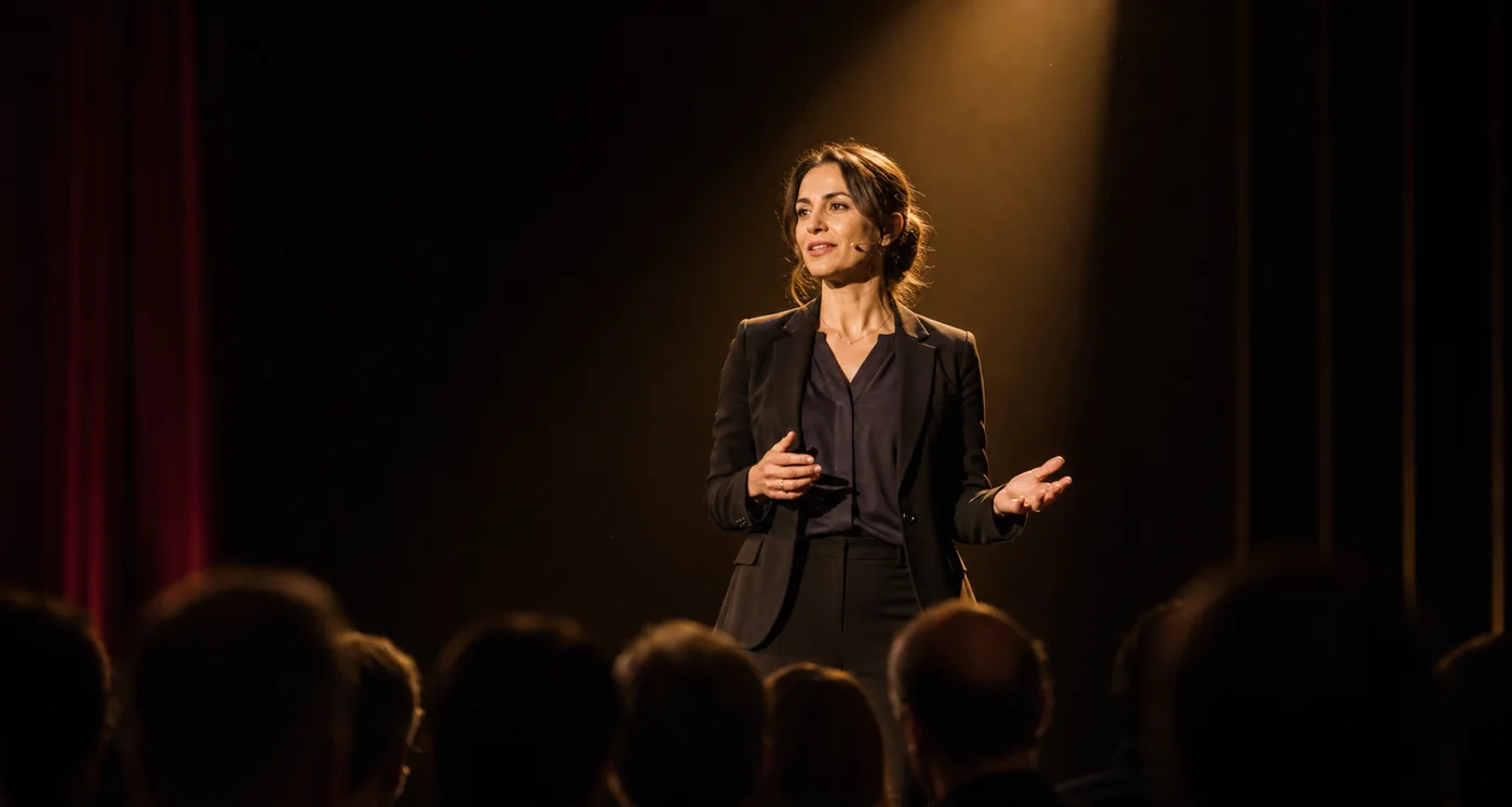 Rednerin im Scheinwerferlicht auf einer Konferenzbühne