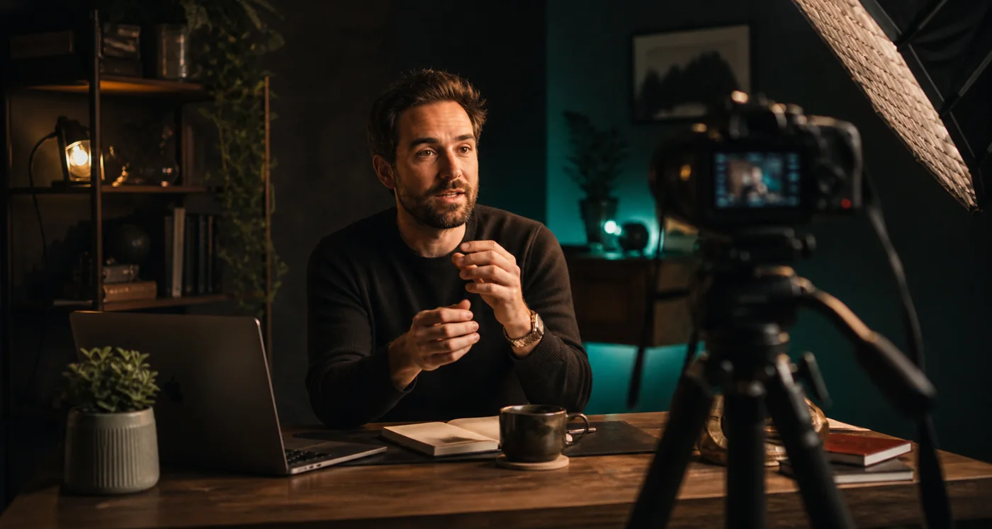Creator nimmt an einem Schreibtisch mit Kamera und Softboxen ein Video auf